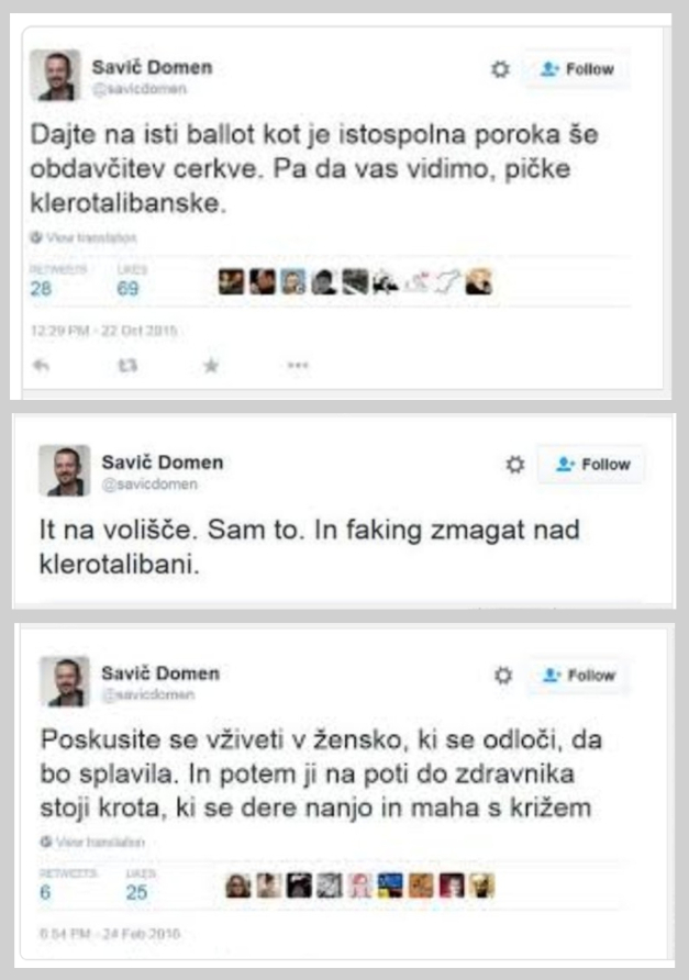 Zaničevalni in sovražni tviti Domna Saviča
