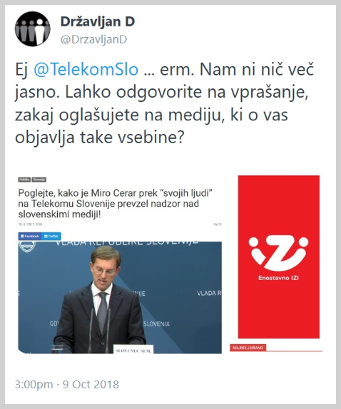 Tvit, ki dokazuje Savičevo izrojeno razumevanje oglaševanja